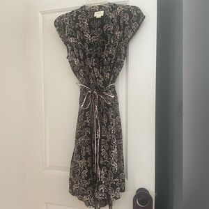Maeve Black Dress with Ivory Elephant Print and Tie Waist